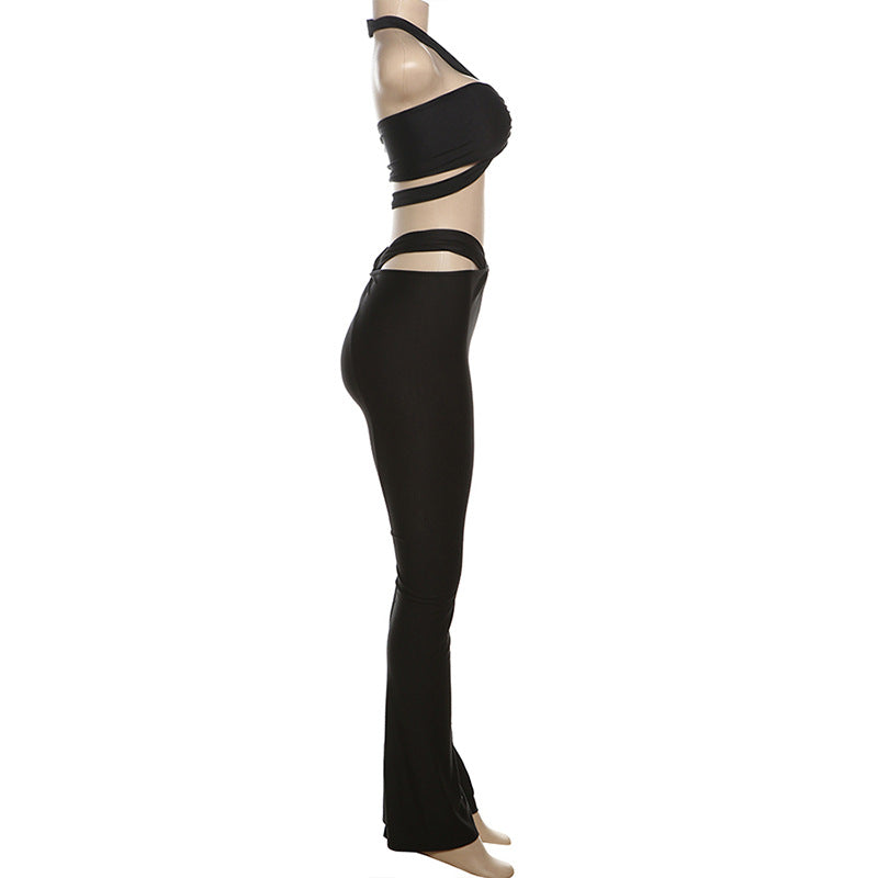 Women Summer Solid Hollow Sleeveless Halter Neck Crop Top and Pants Two-Piece Set 8