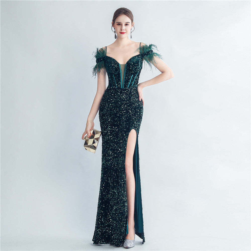 Women Herringbone ostrich velvet sequined mermaid evening dress 3