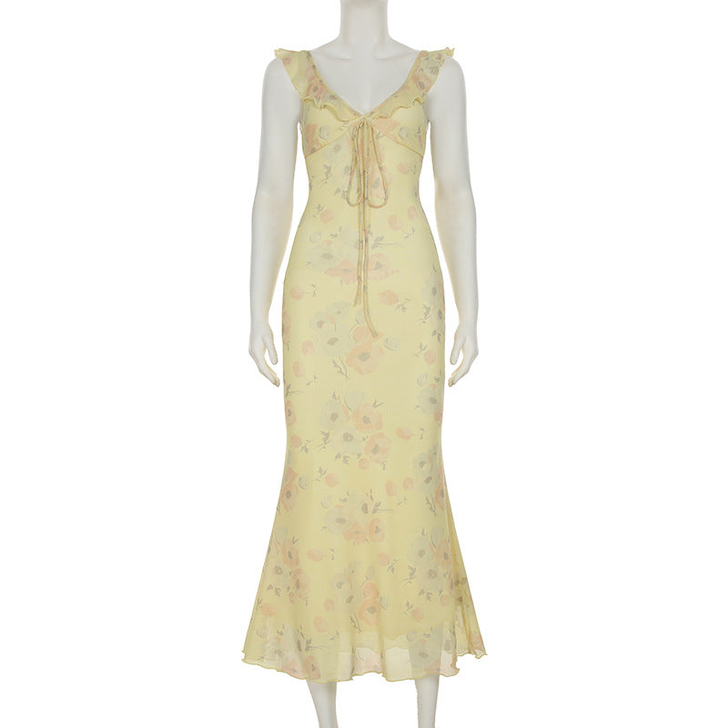 Chic Holidays Floral Strap Ruffle Sexy Flying Sleeve Long Dress 7