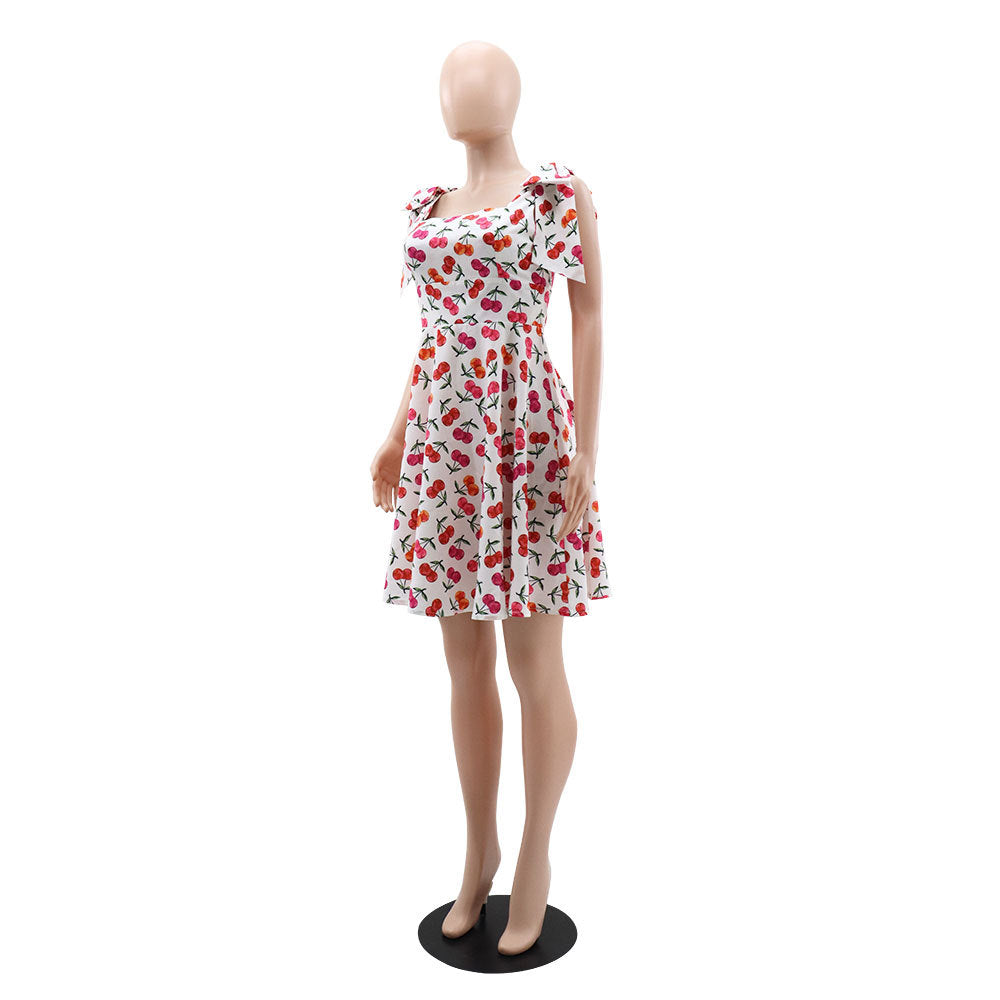 Cherry Print Strap Square Neck Casual Short Dress 4