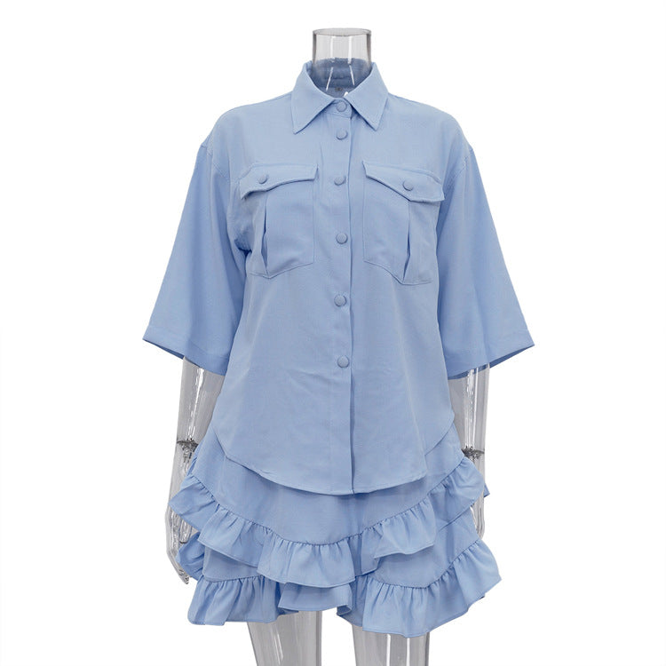 Turndown Collar Short Sleeve Shirt Fashion Ruffled Cake Skirt Two Piece Set 7
