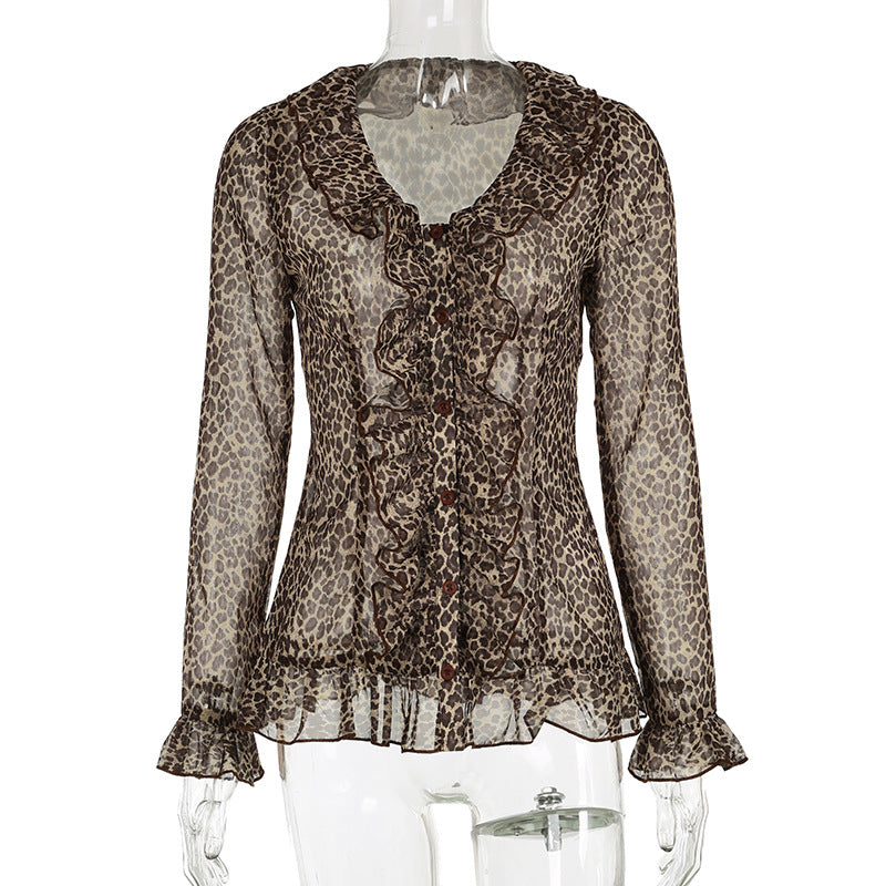Women Sexy Ruffle Edge V Neck Animal Print Bell Bottom Sleeve Top 5