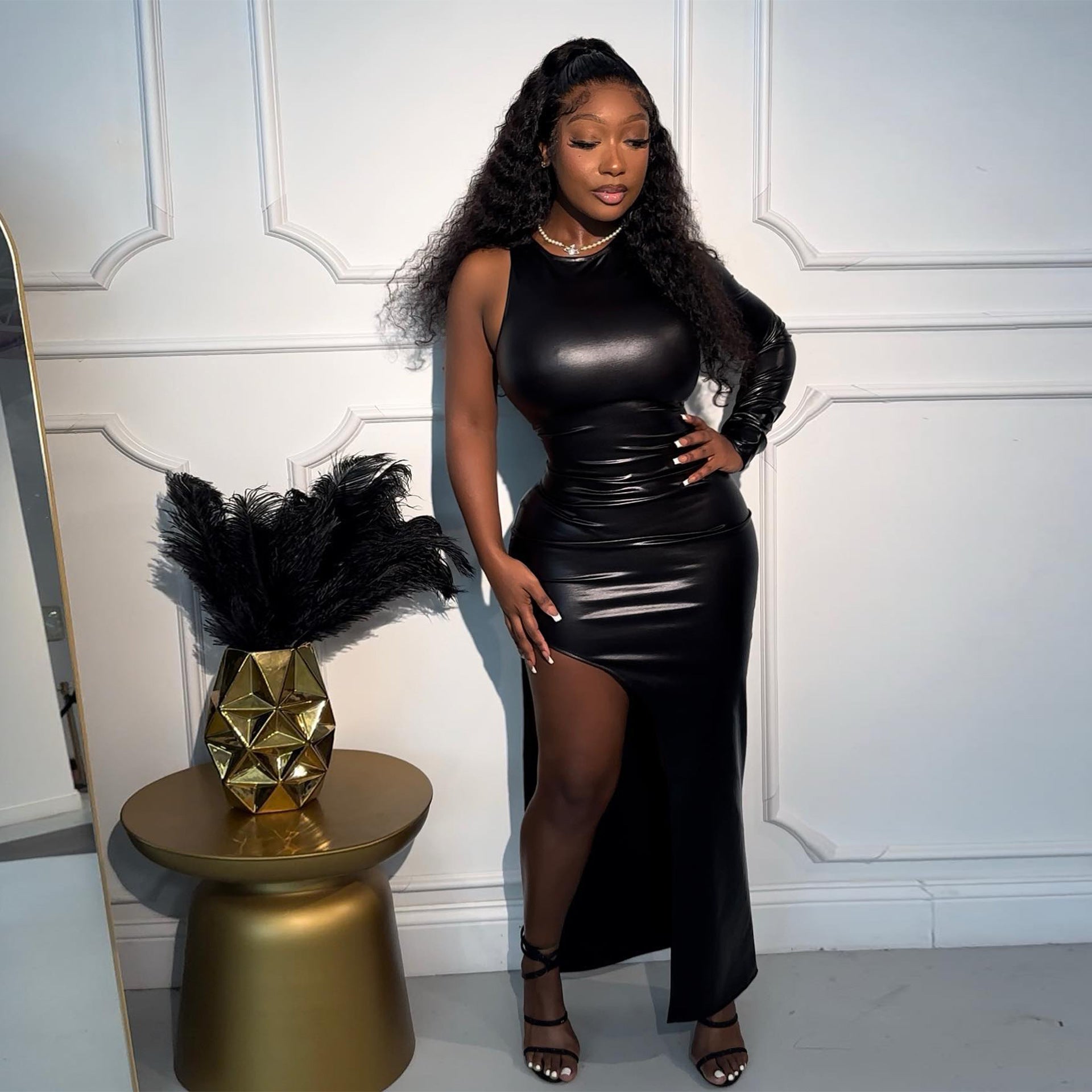 Sexy Slim Fit Tight Fitting Slit One Sleeve Leather Dress