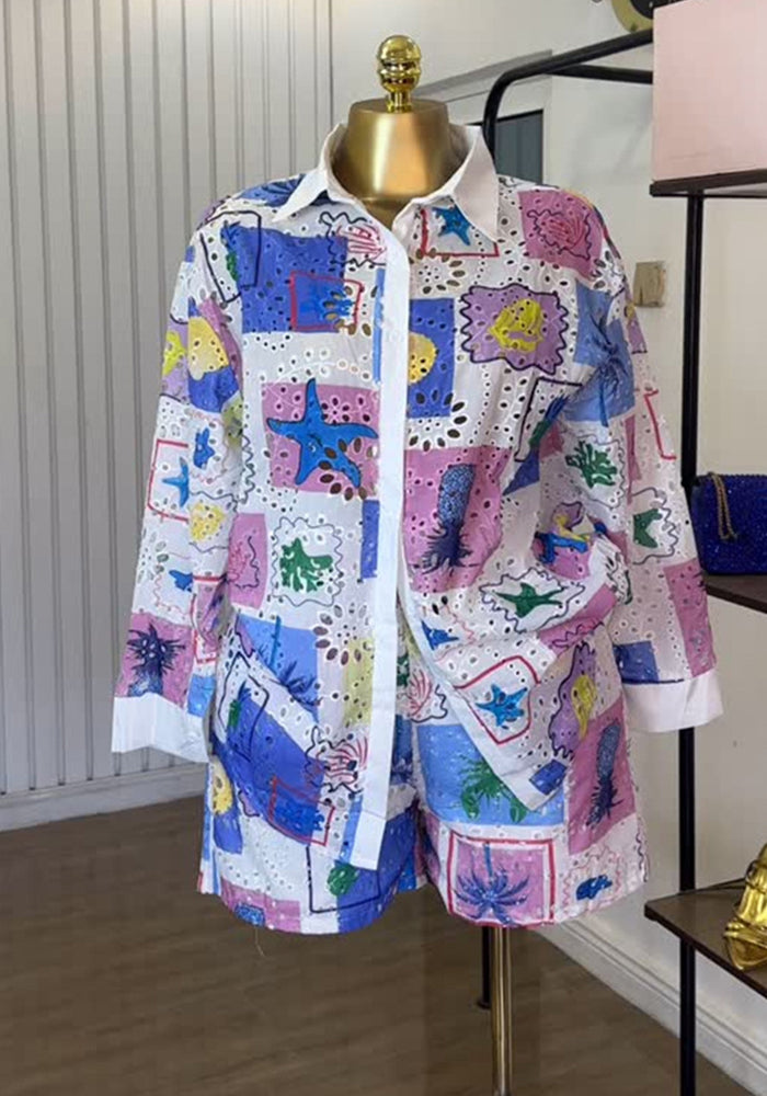 Women Summer Print Hollow Turndown Collar Long Sleeve Shirt and Shorts Casual Two-piece Set