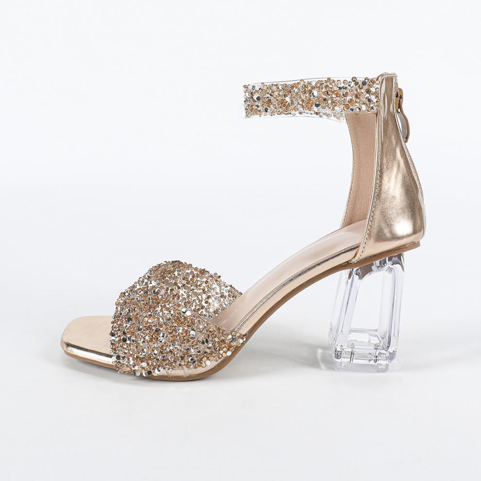 Summer Women's Shoes Sparkling Rhinestone Block Heel Sandals Back Zipper Crystal Heels 7