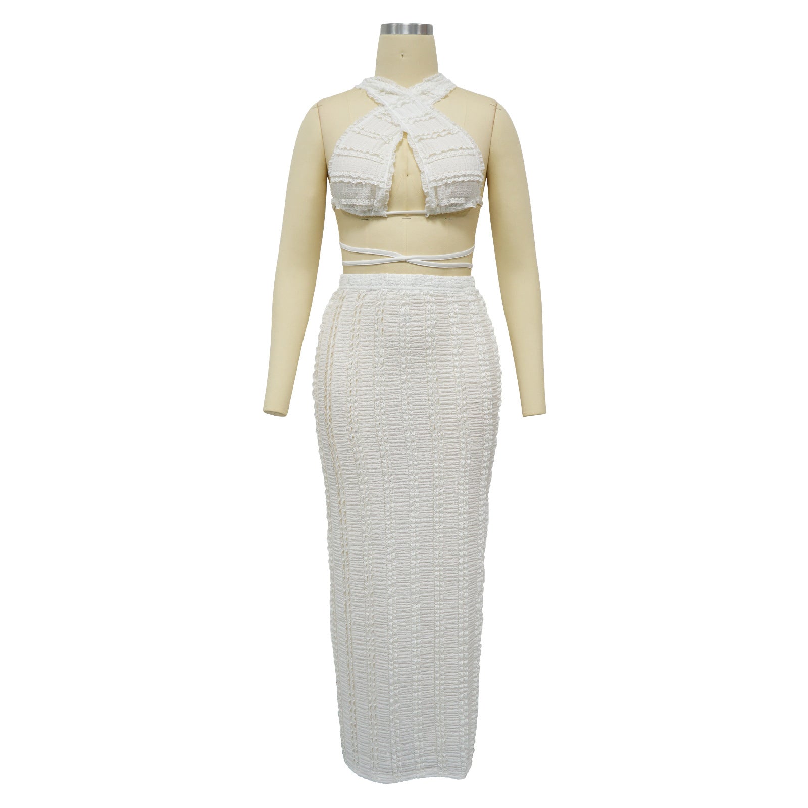 Summer Women Cow Shutter Lace Sleeveless Lace Backless Skirt Two-piece Set 14