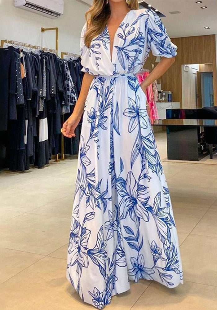 Summer Ladies Fashion V Neck Loose Maxi Print Dress