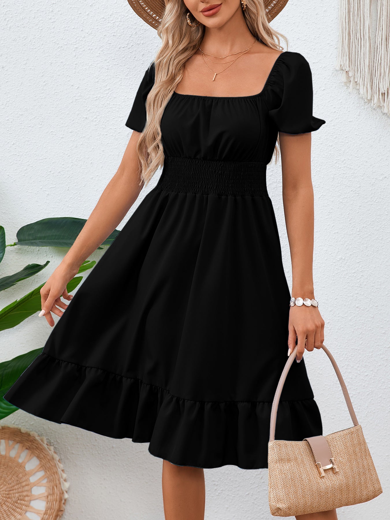 Summer solid color square neck Ruffled A-line dress for women 7