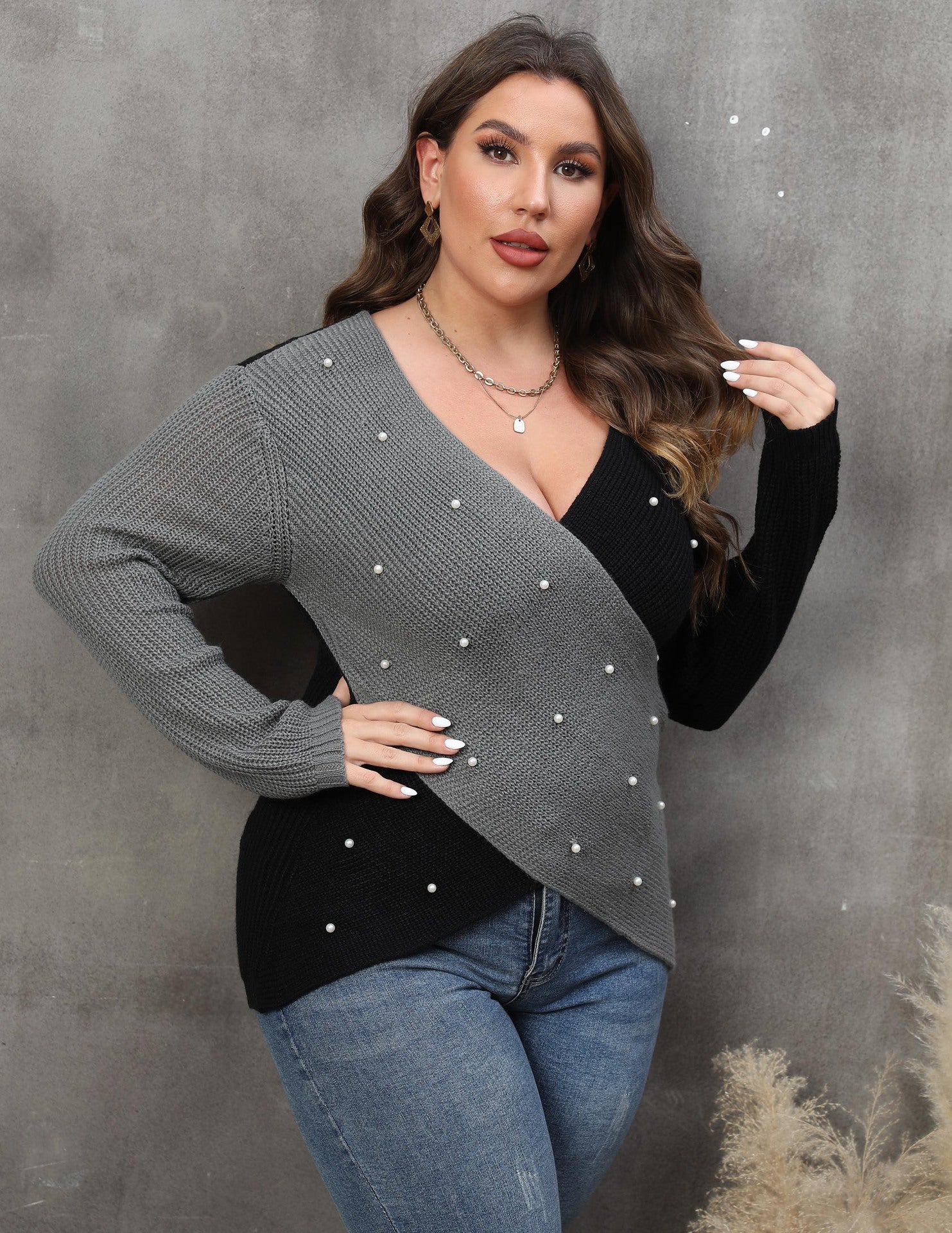 Women's Pearl Plus Size Contrast Color Cross Deep V Neck Sexy Sweater 4