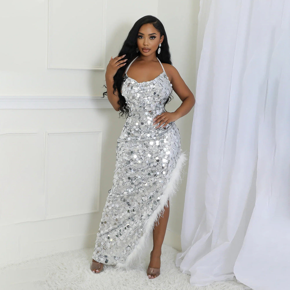 Women sexy suspender sequin irregular dress 13