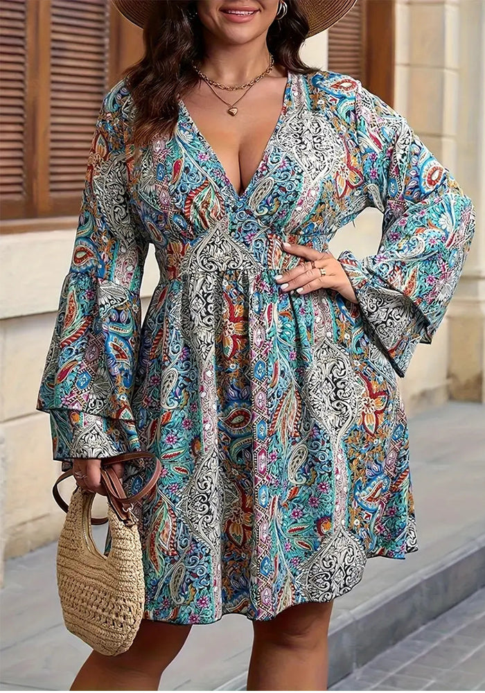 Plus Size Women Printed V-Neck Long Sleeve Bell Bottom Sleeve Dress