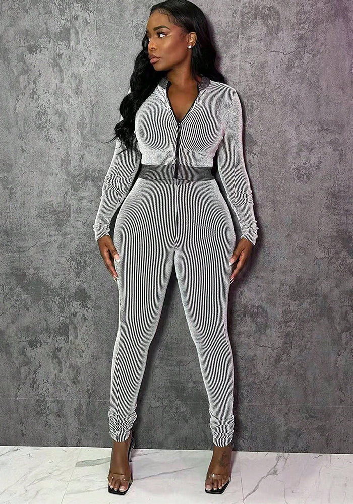 Fashion Casual Sportswear Set Women's Long-Sleeve Zip-Up Slim Fit Two-Piece Pants Set