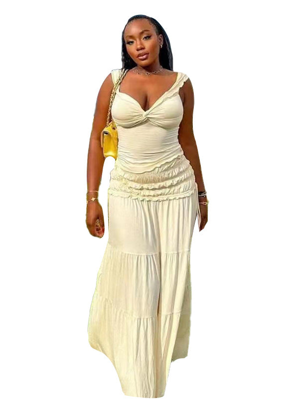 Women Summer Sexy Crop Tank Top and French Pleated Skirt Two-Piece Set 3