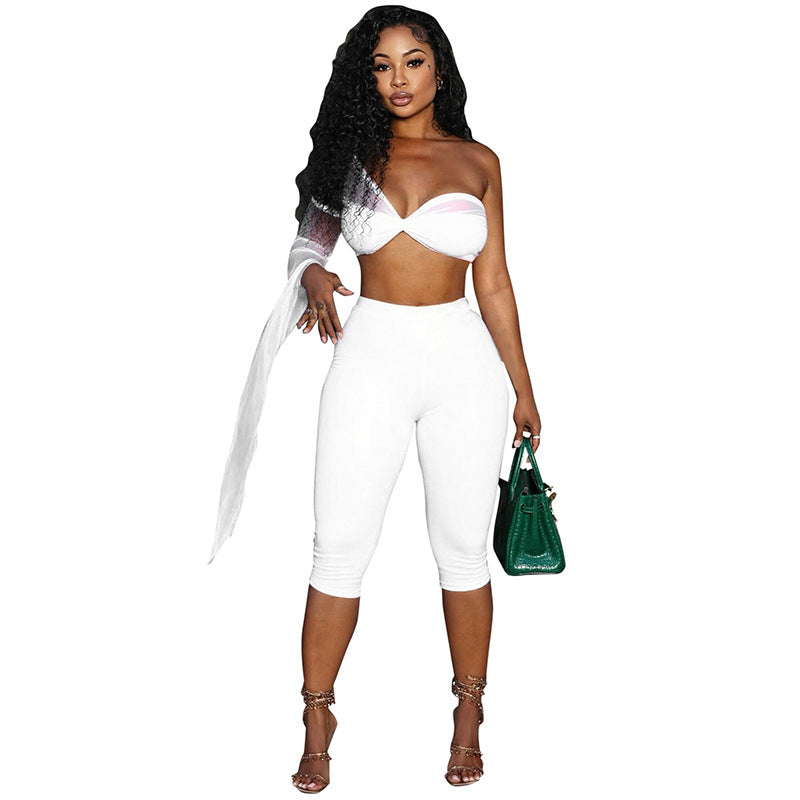 Women's Spring-Summer See-Through Mesh One-Sleeve Slim Tight Two-Piece Shorts Set 13