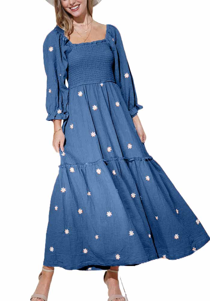 Autumn Casual Bell Bottom Sleeves Sunflower Embroidered Square Neck Swing Dress