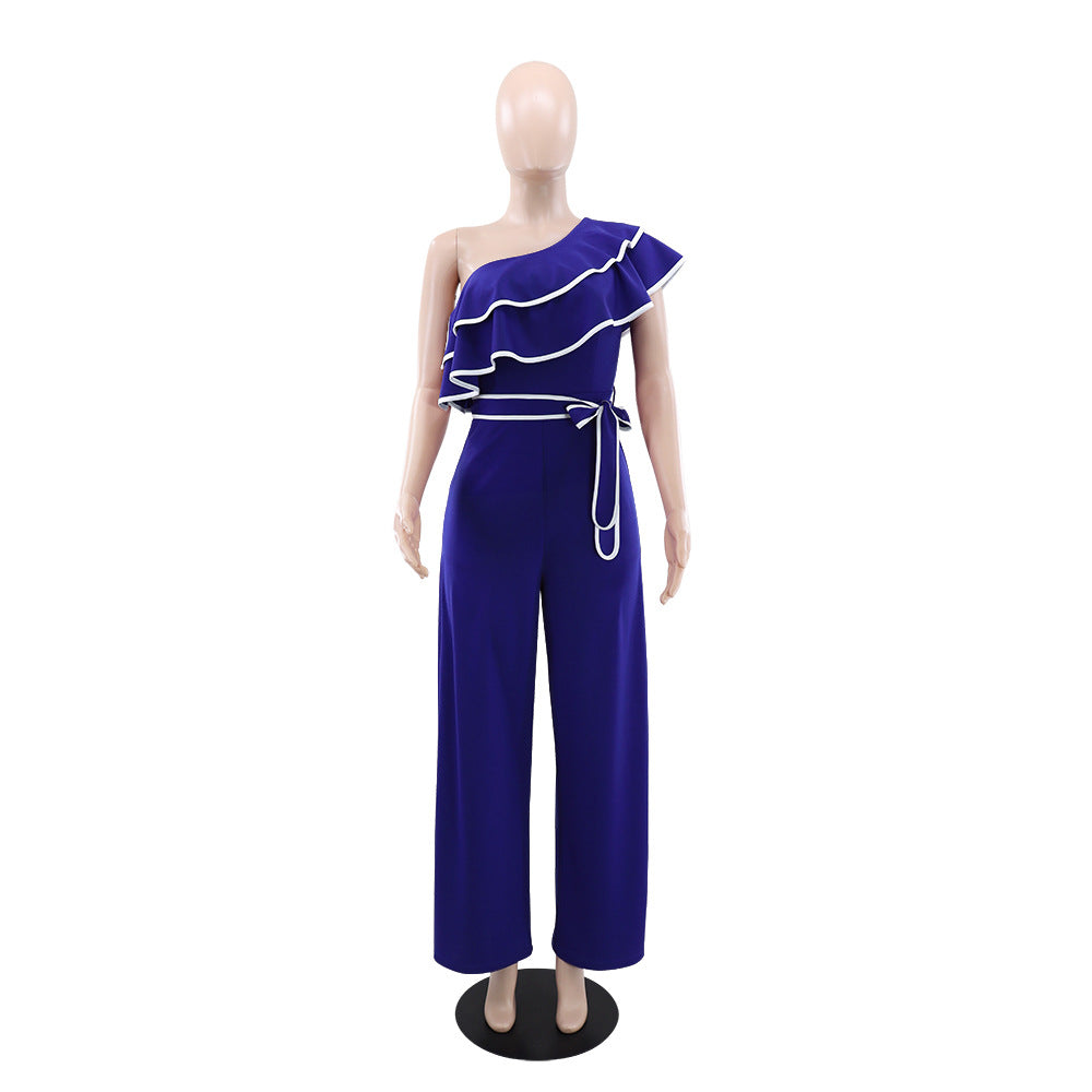 Fashionable Women's Slash Shoulder Belt Casual Wide-Leg Jumpsuit 11
