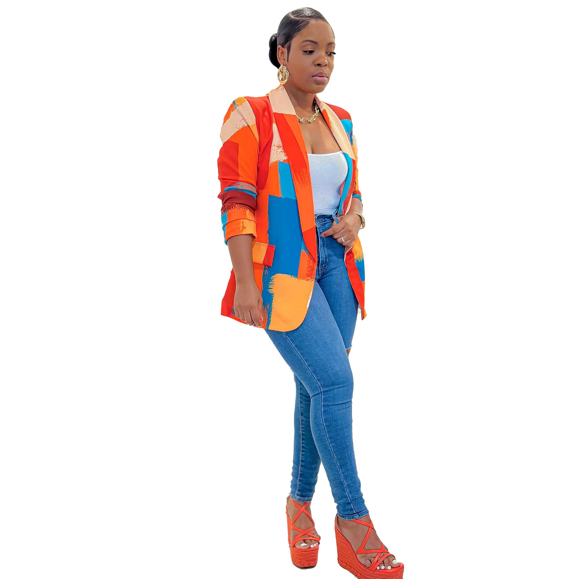 Women's Print Turndown Collar V-Neck Long-Sleeved Blazer 11