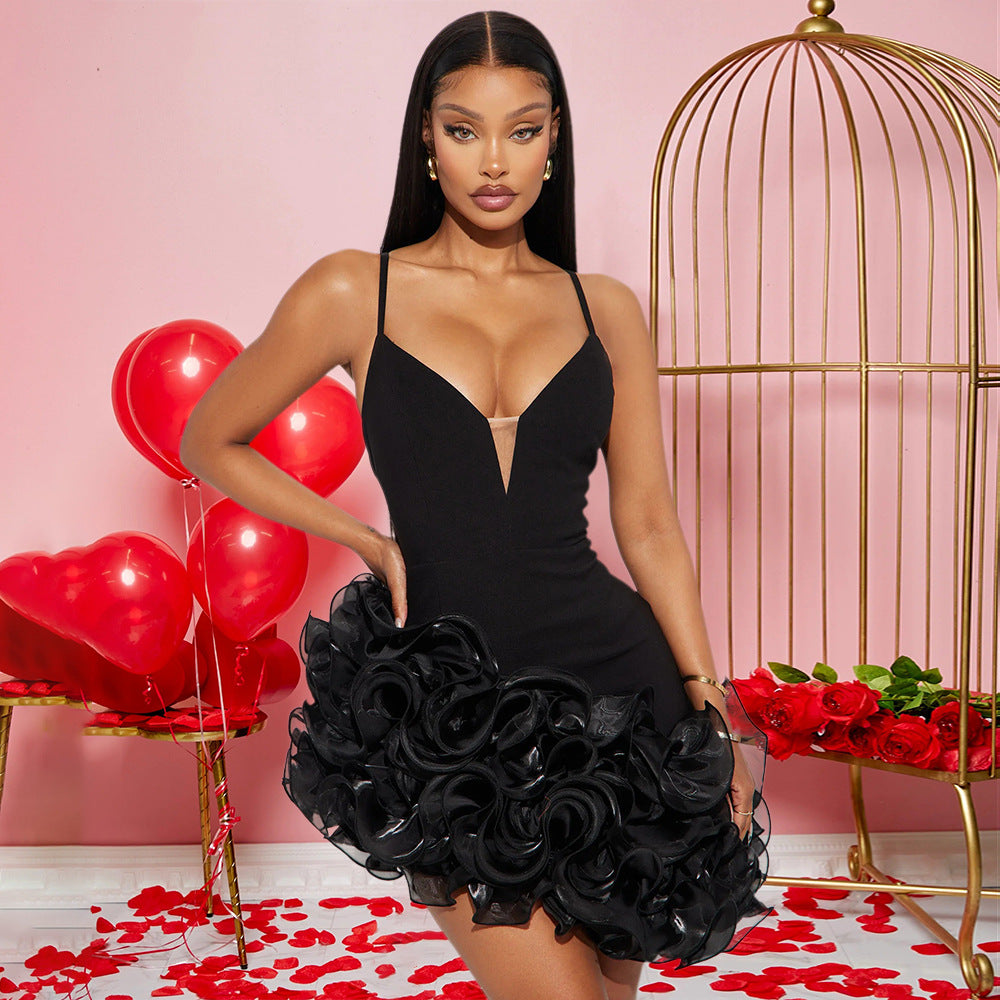 Women Sexy Strapless Solid Lotus Lace Irregular Dress 7