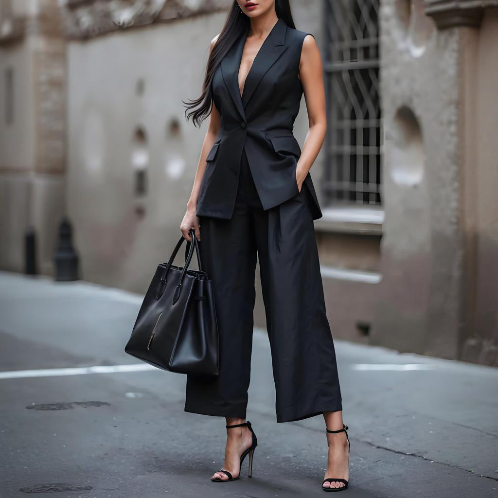 Women's Solid Color Sleeveless Straight-Leg Pantsuit Professional Office Set 8