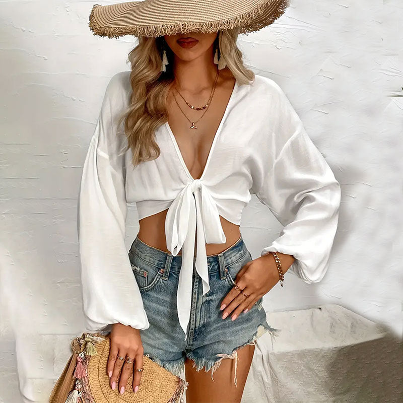 Women Solid Long Sleeve Lace-Up Bow Beach Sun Protection Shirt See-Through Sexy V Neck Top 5