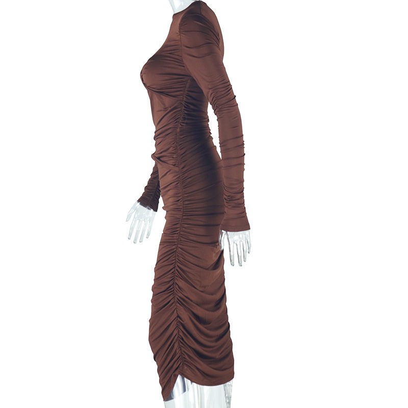 Women Solid Round Neck Long Sleeve Dress 6