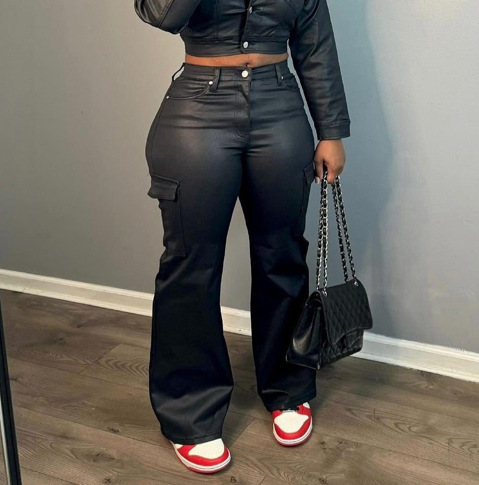 Autumn Winter Suit Leather Jacket Pants Two Piece Set 5