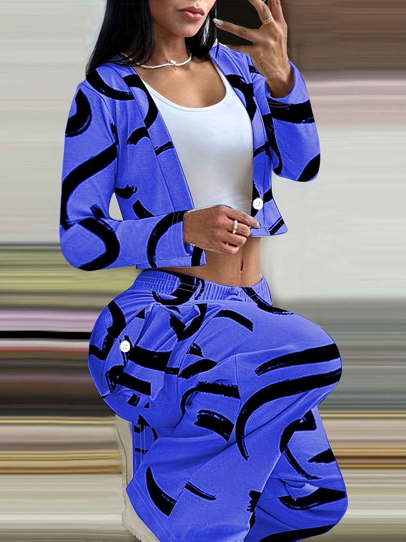 Women Autumn and Winter Geometric Line Print Casual Sexy Short Top and Pant Two-piece Set 19