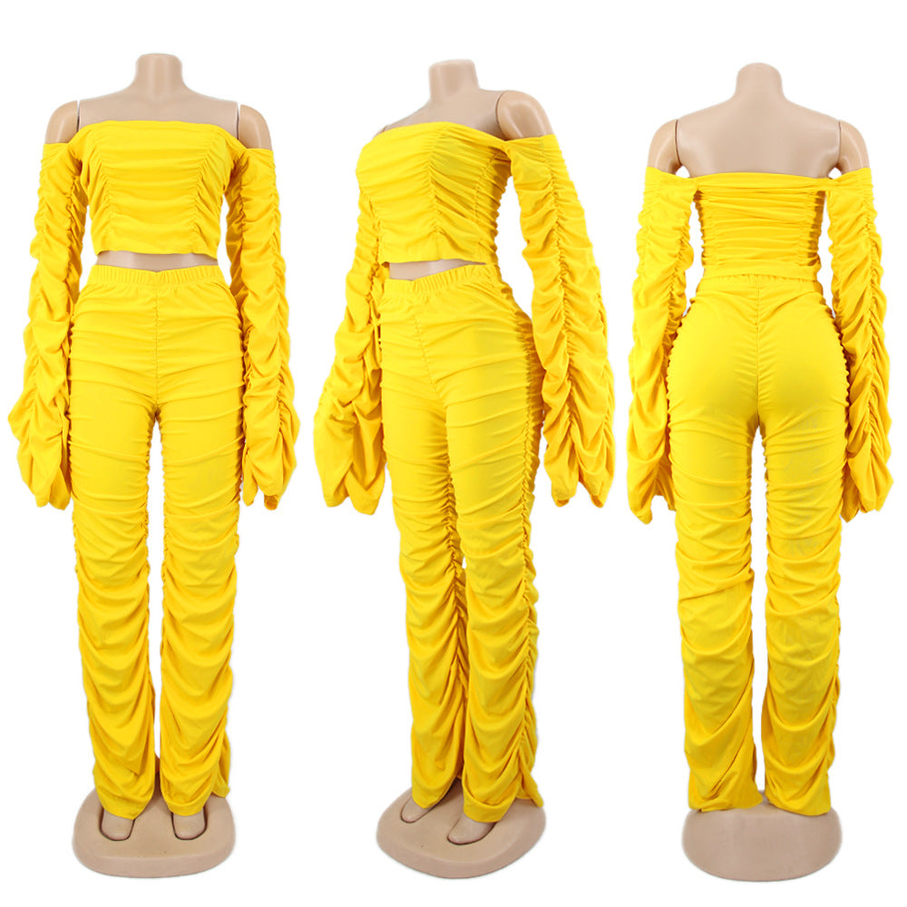 Women Long Sleeve Solid Pleated Off Shoulder Sexy Top and Pant Two-piece Set 7