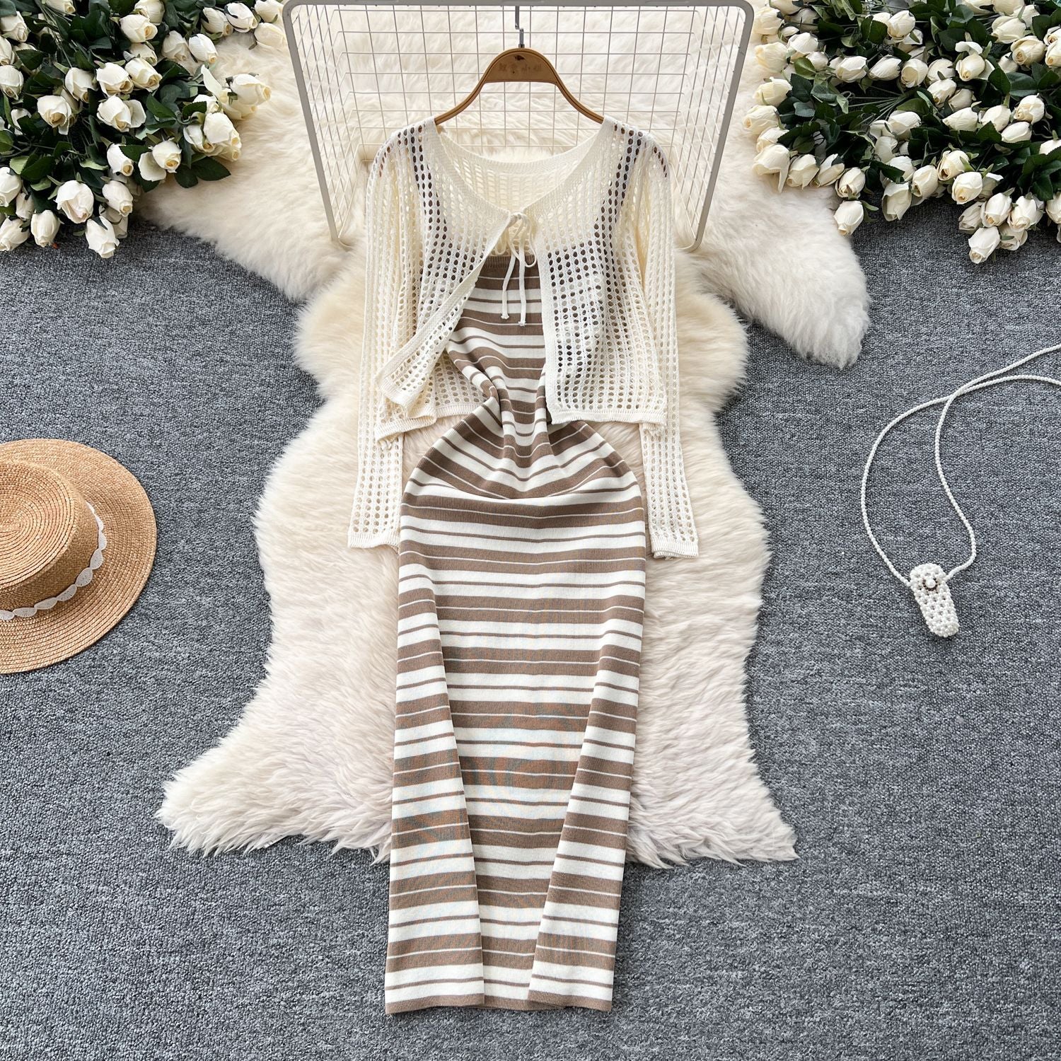 Tie Up Cardigan Low Back Strap Slim Fit Chic Stripes Knitting Dress 4