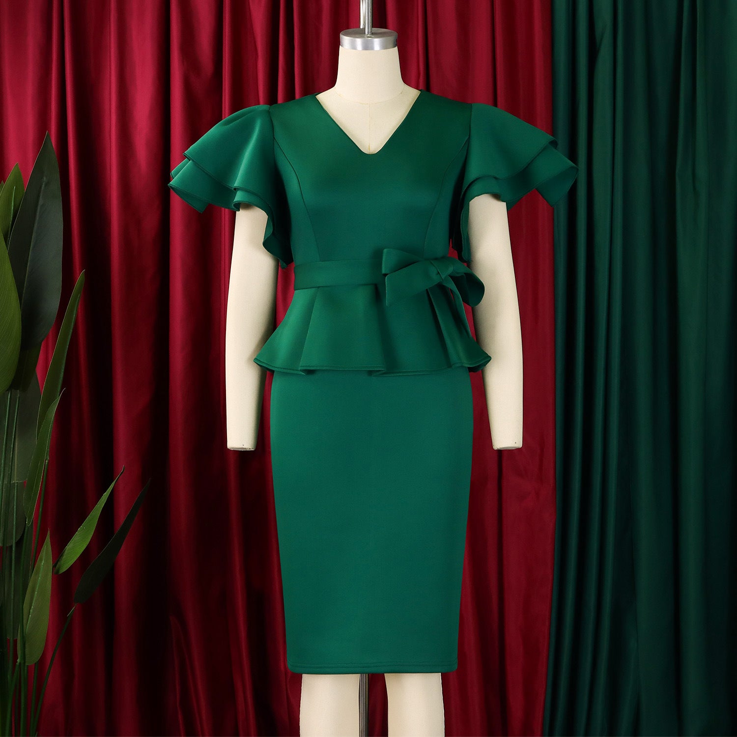 Women elegant ruffled solid bodycon formal party dress 14