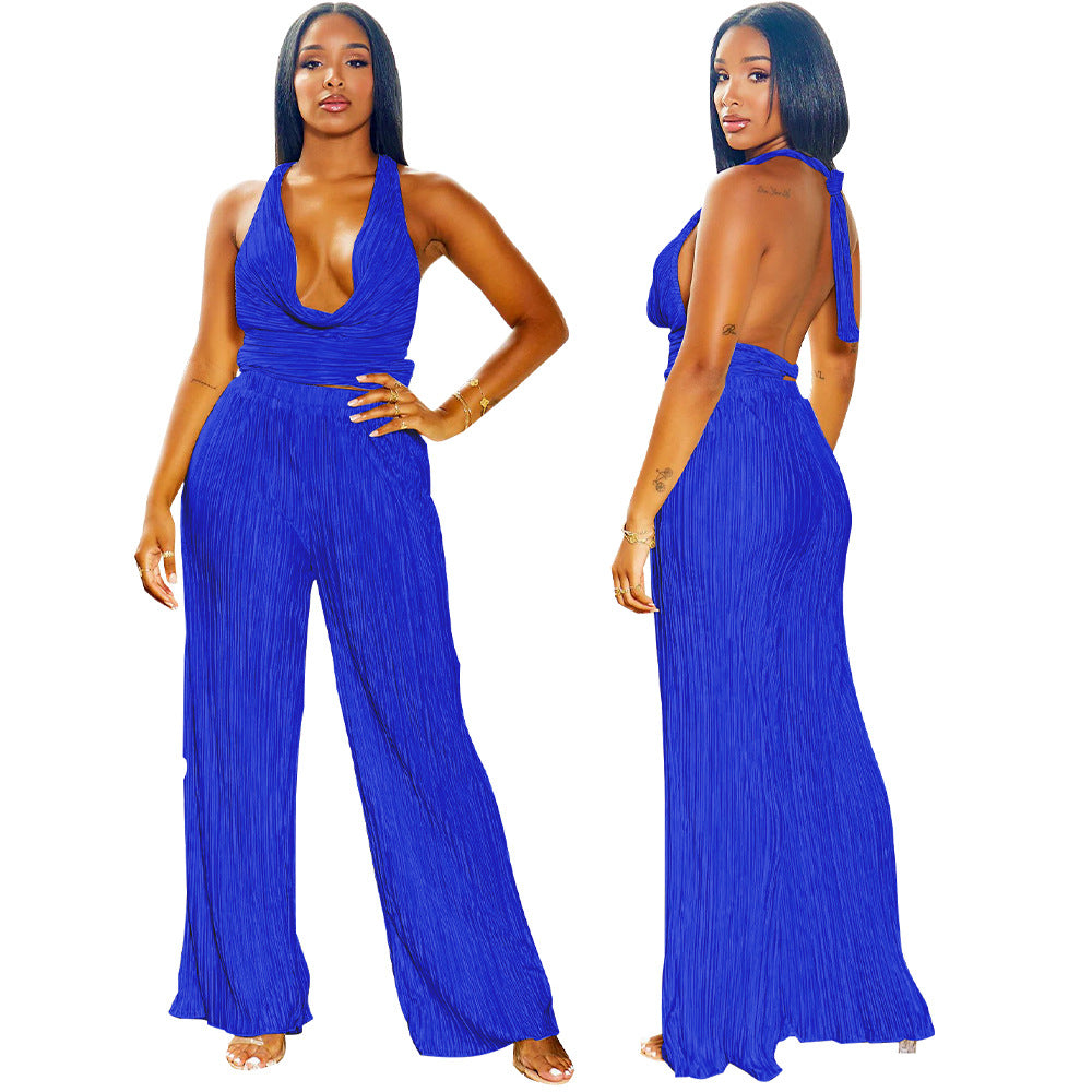 Fashion Women's Sexy Solid Color halter Sleeveless Low Back Top Pleated Pants two piece set 5