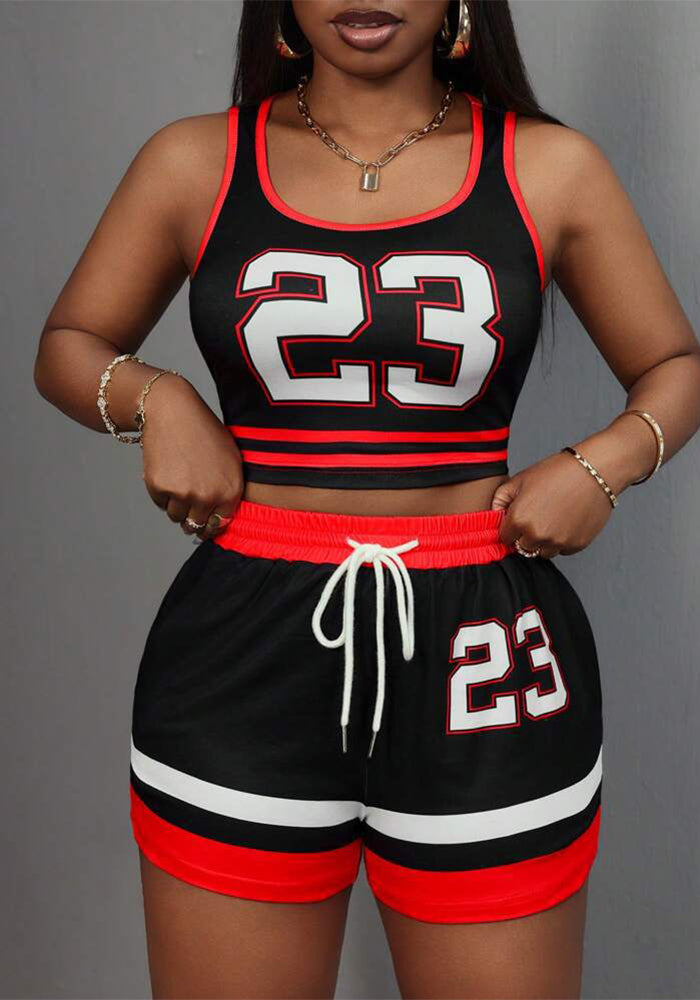 Women Contrast Print Sexy Sport Top Lace-up Shorts Two-Piece Set