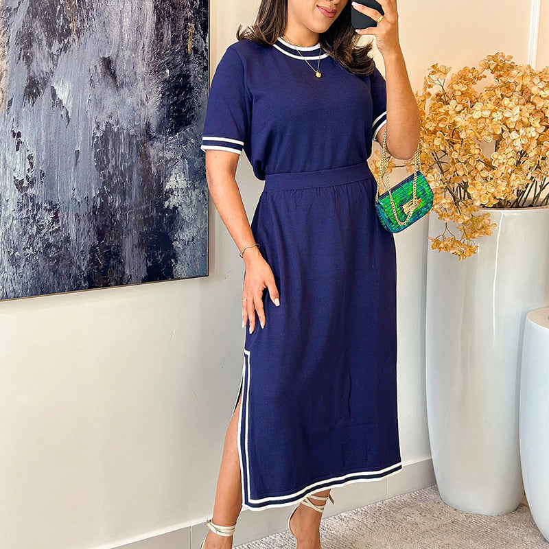 Women Summer Short Sleeve Slit Solid Dress