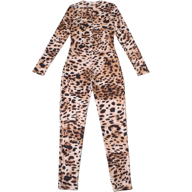 Women Sexy Contrast Leopard Round Neck Long Sleeve Jumpsuit 18