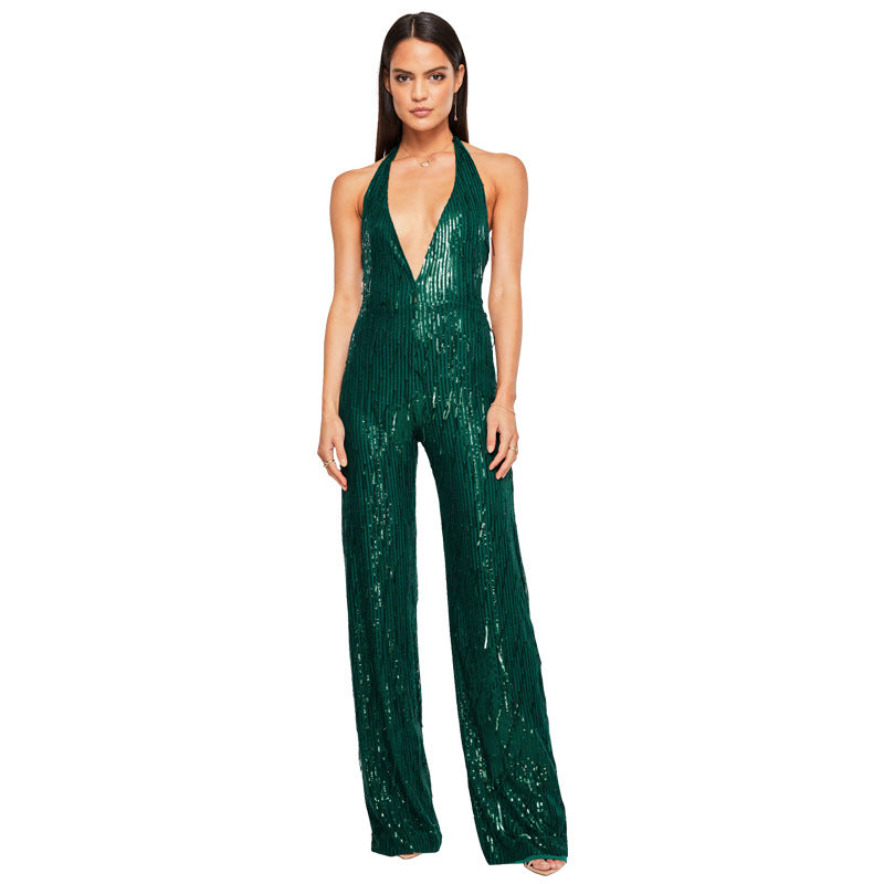 Women's Sleeveless Deep V Halter Neck Low Back Sequin Jumpsuit T 14