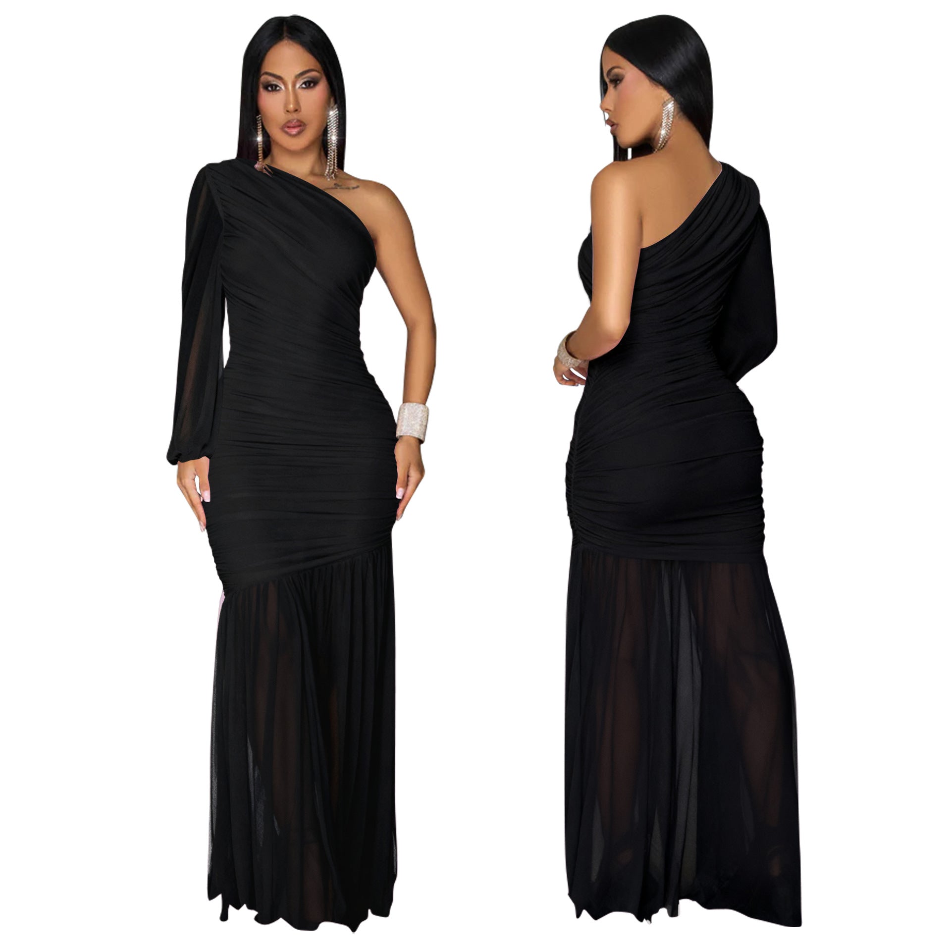 Women's Autumn Solid One-Shoulder Slash Shoulder Pleated Mesh Long Dress