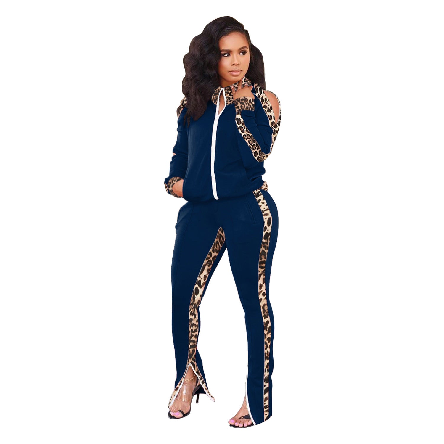 Women off-shoulder sports leopard print Patchwork contrast top and pant two-piece set 11