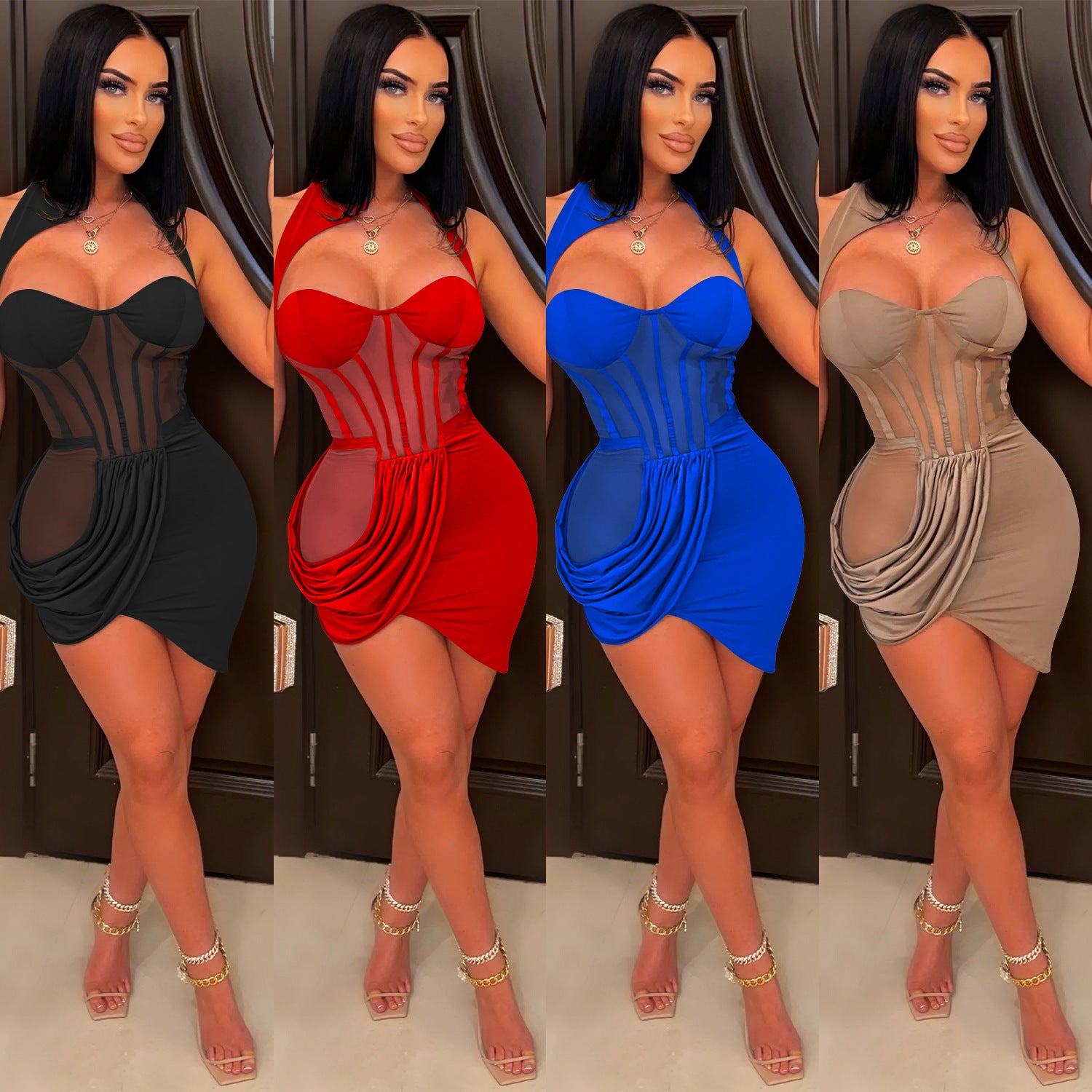 Solid color mesh See-Through cut out pleated irregular dress women