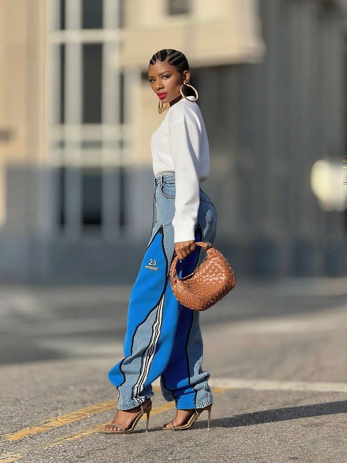 Women Patchwork Contrast Zipper Denim Wide-Leg Pants 5