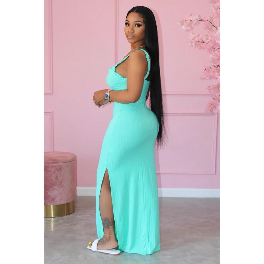Summer Women's Solid Color Ribbed Ruffle Strap Side Slit Long Dress 6