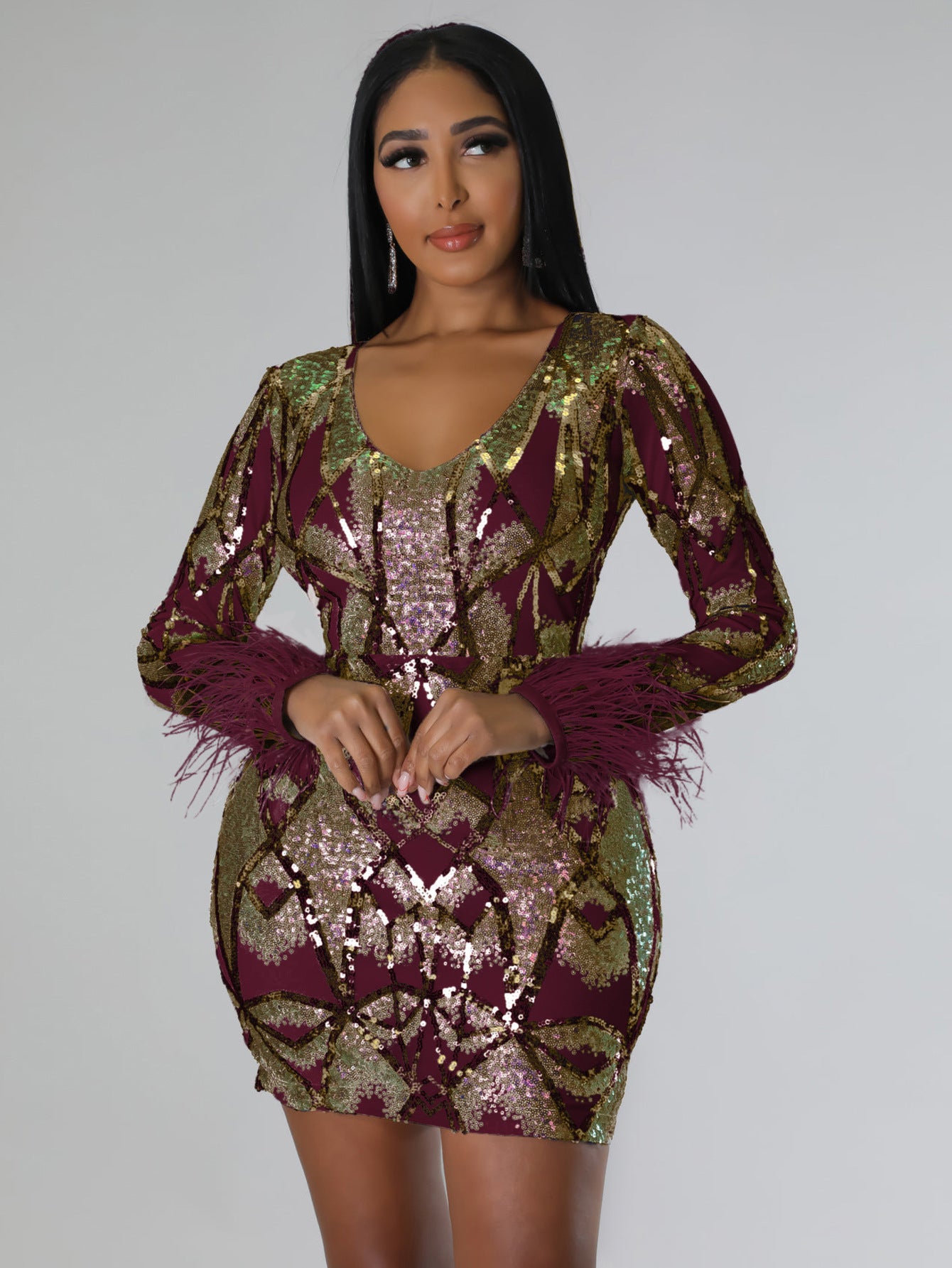 Women's V Neck Sexy Sequin Long Sleeve Nightclub Party Dress 6