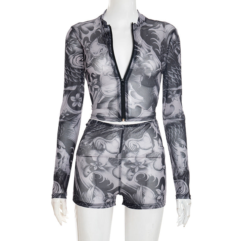 Women's Summer Autumn Zipper Round Neck See-Through Print Long Sleeve Two Piece Shorts Set 8