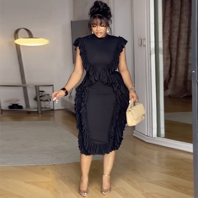 Women summer ruffle solid bodycon dress 4