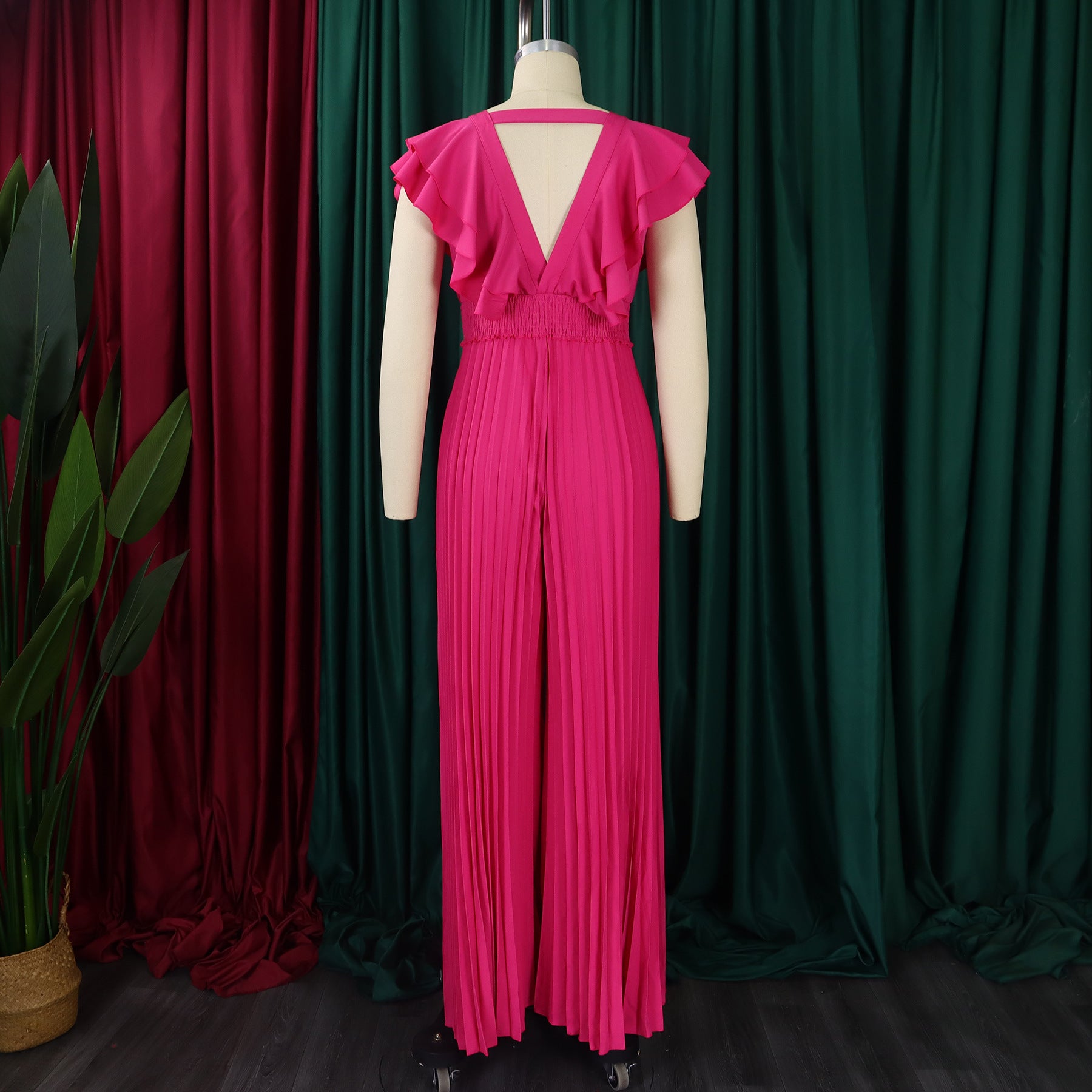 Women's Deep V Neck High Waist Sexy Ruffled Pleat Wide Leg Jumpsuit 17