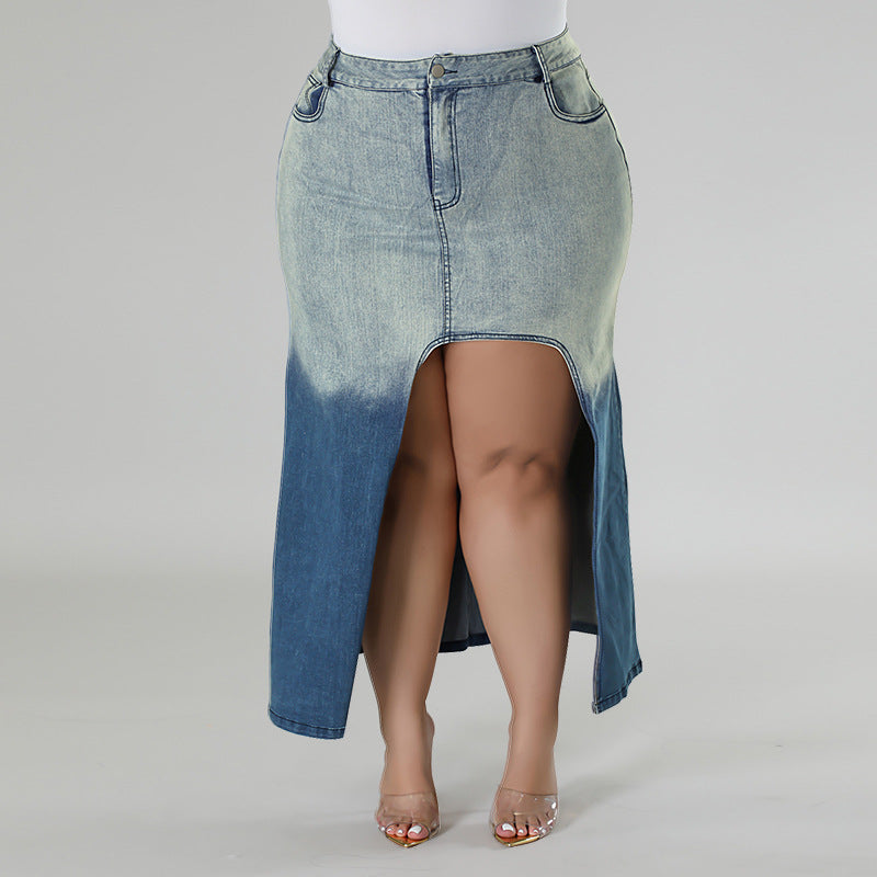 Plus Size Women Gradient Slit Denim Skirt