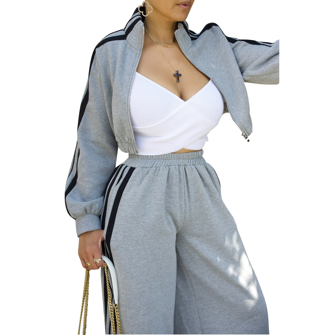 Women's Autumn Winter Sports Striped Jacket Loose Pants Two-Piece Set 9