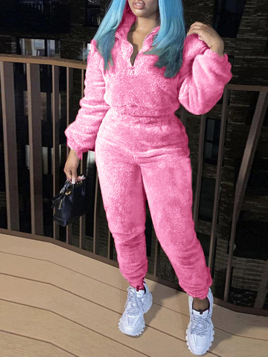 Women Solid Long Sleeve Top and Long Pants Casual Two-Piece Set 5