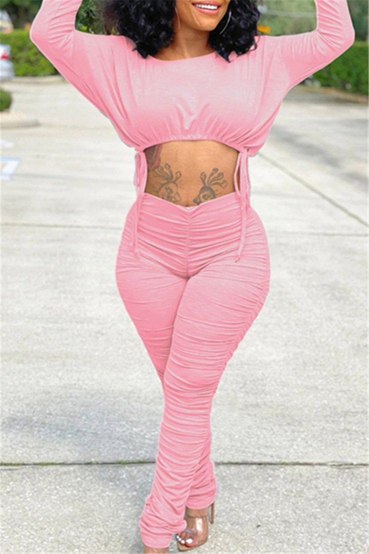 Women's Autumn And Winter Fashion Casual Sports Round Neck Pleated Drawstring Long-Sleeved Two Piece Trousers Set 8