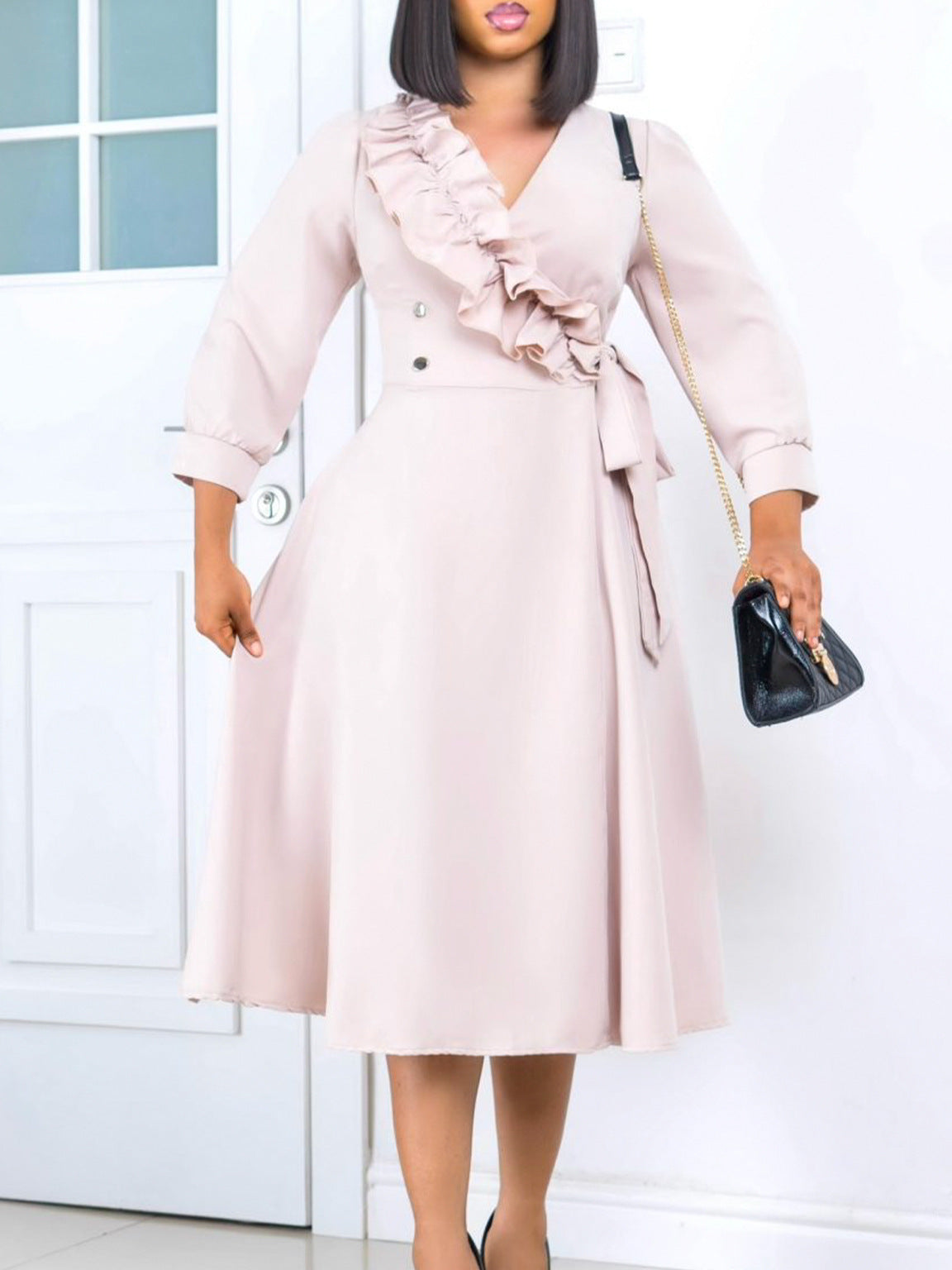 Women Solid V-Neck Pleated Dress 6