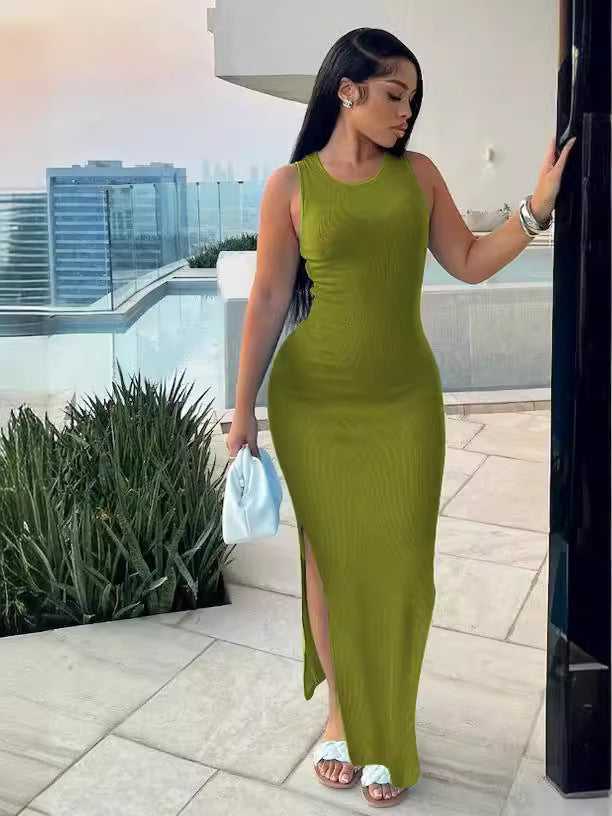 Women's Ribbed Sleeveless Round Neck Slim Long Dress 7